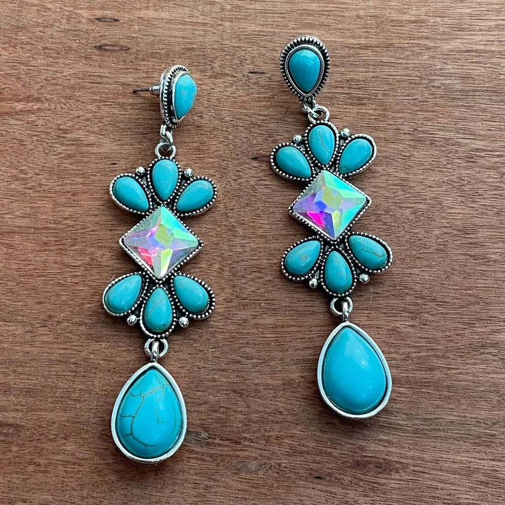 Faux Turquoise Cluster Dangle Earrings with Rhinestones - Picture 1 of 2